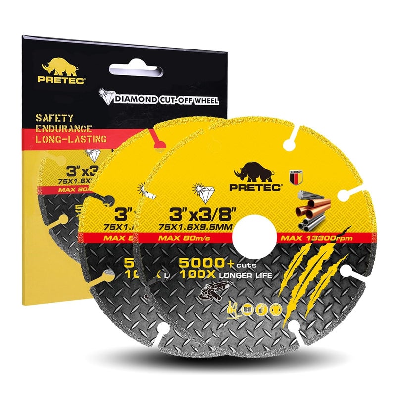 PRETEC 3 Inch Diamond Cutting Wheel for Metal, 2 Pcs Carbide Cut Off Wheels with 3/8" Arbor Hole, 3'' Angle Grinder Cutting Disc with 5000+ Cuts on Rebar, Steel, Iron and INOX, 100x Longer Wheel Life - Image 1